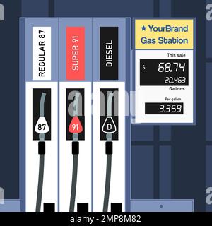 Pompa carburante presso la stazione di servizio americana generica. 2023 prezzo del gas negli Stati Uniti. Illustrazione Vettoriale