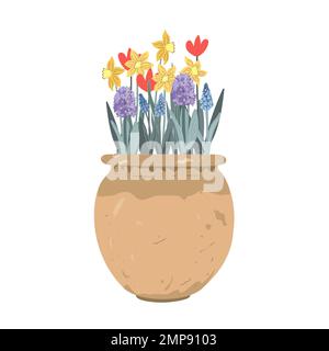 Vaso d'argilla vintage con fiori primaverili. Tulipani, giacinti, muscari, narcisi. Doodle illustrazione del vettore disegnato a mano isolato su bianco. Giardino estivo Illustrazione Vettoriale