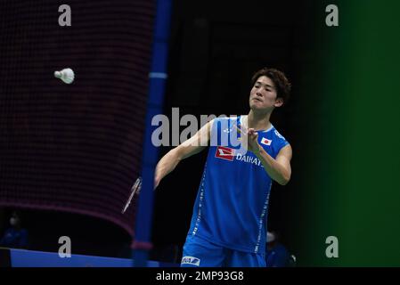 Bangkok, Thailandia. 31st Jan, 2023. Riku Hatano del Giappone gioca contro Julien Carraggi del Belgio durante la partita individuale di Badminton Men nella principessa Sirivannanari Thailand Masters 2023 allo stadio Nimibutr. Riku Hatano vince Julien Carraggi 2:0 (21:13, 21:11). Credit: SOPA Images Limited/Alamy Live News Foto Stock