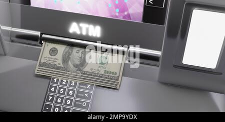 Banconota da dollaro americano su ATM illuminato all'aperto di notte sullo sfondo. Transazione automatica, denaro online. Vista ravvicinata. rendering 3d Foto Stock