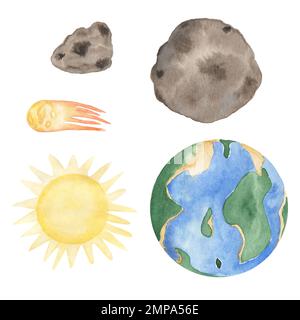 Asteroidi acquerello, set illustrazione sole e terra, clip art carino nursery, illustrazione bambini. Clip art spaziale Foto Stock