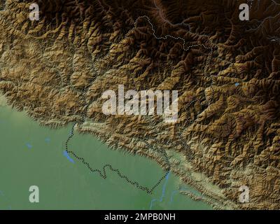 Estremo-Occidentale, regione di sviluppo del Nepal. Mappa di altitudine colorata con laghi e fiumi Foto Stock