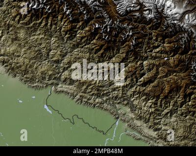 Estremo-Occidentale, regione di sviluppo del Nepal. Mappa dell'altitudine colorata in stile wiki con laghi e fiumi Foto Stock