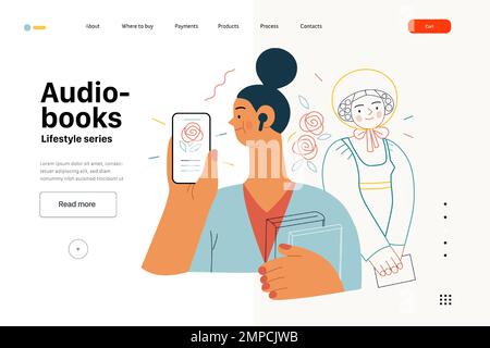 Lifestyle web template -Audiobooks -moderna immagine vettoriale piatta di una donna che ascolta un audiolibro con i germogli nell'applicazione tablet, Victorian e Illustrazione Vettoriale