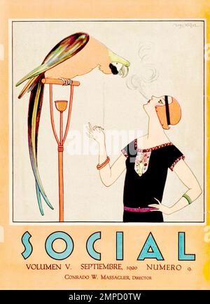 Conrado Walter Massaguer - Cuban Magazine Social Artwork - edizione settembre 1920 - la donna soffia fumo nel viso del pappagallo. Foto Stock