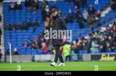 Il manager di Liverpool Jurgen Klopp durante la partita della Emirates fa Cup Fourth Round tra Brighton & Hove Albion e Liverpool all'American Express Community Stadium , Brighton , UK - 29th gennaio 2023 Foto Simon Dack/Telephoto Images. Solo per uso editoriale. Nessun merchandising. Per le immagini di calcio si applicano le restrizioni di fa e Premier League inc. Nessun utilizzo di Internet/cellulare senza licenza FAPL - per i dettagli contattare Football Dataco Foto Stock