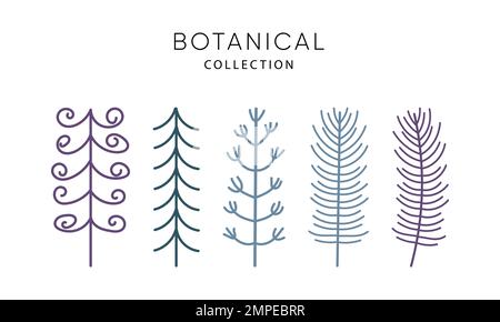Rami minimalisti per logo o tatuaggio. Linea disegnata a mano erba di nozze, eleganti fiori selvatici. Disegno al tratto minimo Illustrazione Vettoriale