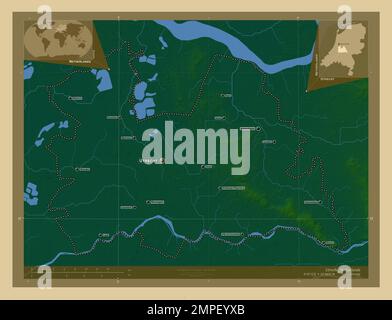 Utrecht, provincia dei Paesi Bassi. Mappa di altitudine colorata con laghi e fiumi. Località e nomi delle principali città della regione. Pos. Ausiliario angolo Foto Stock