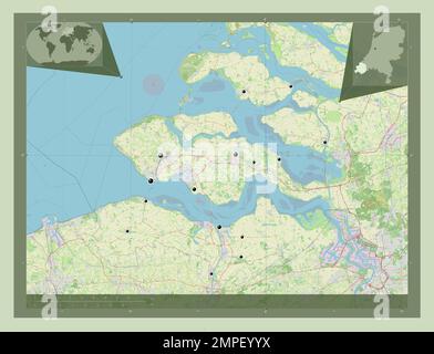 Zeeland, provincia dei Paesi Bassi. Aprire la mappa stradale. Posizioni delle principali città della regione. Mappe delle posizioni ausiliarie degli angoli Foto Stock