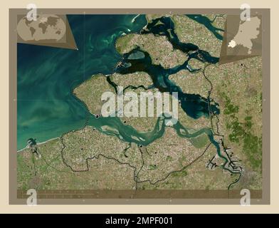 Zeeland, provincia dei Paesi Bassi. Mappa satellitare ad alta risoluzione. Posizioni delle principali città della regione. Mappe delle posizioni ausiliarie degli angoli Foto Stock