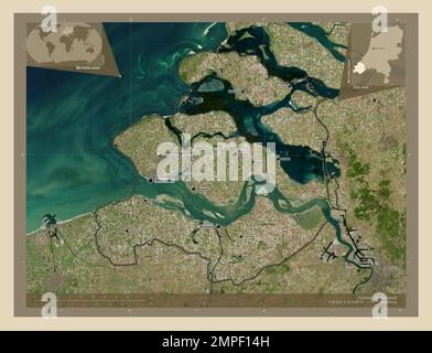 Zeeland, provincia dei Paesi Bassi. Mappa satellitare ad alta risoluzione. Località e nomi delle principali città della regione. Mappe delle posizioni ausiliarie degli angoli Foto Stock