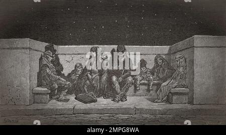 Addormentati sotto le stelle. Un gruppo di senzatetto che riposa e dorme su un sedile di pietra su un ponte a Londra nel 19th ° secolo. Dopo un'illustrazione di Gustave Doré nell'edizione americana di Londra del 1890: Un pellegrinaggio scritto da Blanchard Jerrold e illustrato da Gustave Doré. Foto Stock