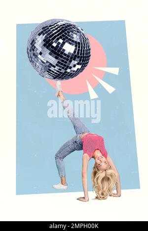 Magazine template collage creativo della giovane signora ginnastica godere night club divertirsi ballando il tempo libero palla discoteca glitter Foto Stock