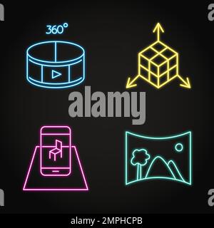 Icona del concetto di realtà virtuale impostata in stile linea neon. Simboli delle moderne tecnologie informatiche, tra cui video a 360 gradi, realtà aumentata, modellazione 3D. Illustrazione Vettoriale