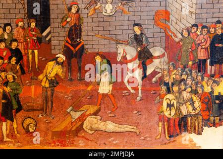 años Diocesà de San Jorge, predela, decapitacion de San jorge , 1468-1470, Pere Nitárd, óleo sobre madera, Palau Episcopal, -Museu de Mallorca- Foto Stock