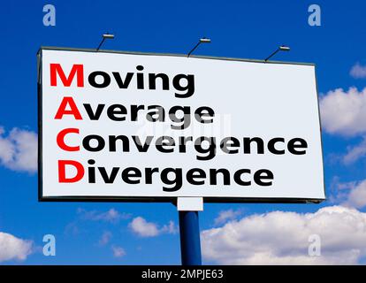 Simbolo MACD. Concetto parole MACD movimento media convergenza divergenza su grande cartellone contro il bel cielo blu. Business MACD commovente media server Foto Stock