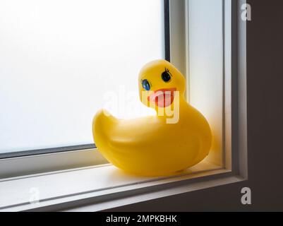 Un primo piano di un giocattolo d'anatra di plastica gialla con un becco rosso sul davanzale di una stanza da bagno Foto Stock
