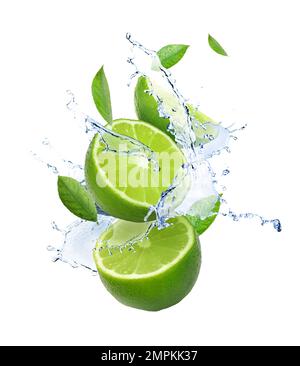 Lime mature, menta fresca e spruzzi d'acqua su fondo bianco Foto Stock