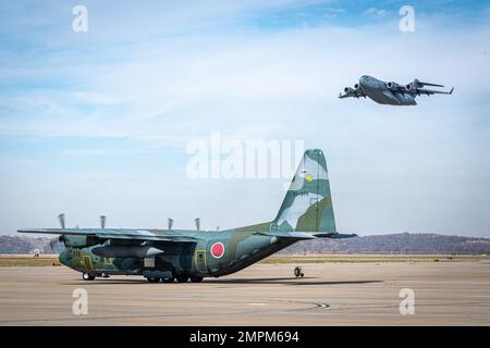 Un aereo giapponese della forza di autodifesa dell'aria C-130H Hercules assegnato al 401st Squadron, taxi sulla linea di volo come un US Air Force C-17 Globemaster Aircraft assegnato al 137th Airlift Squadron, New York Air National Guard, decollerà dall'alto presso la base della Guardia Nazionale aerea di Rosecrans, a St Joseph, Missouri, 2 novembre 2022. Gli equipaggi hanno partecipato al corso Advanced Tactics Airlift Tactics Training Center, Advanced Tactics Aircrew Course, che consente agli equipaggi aerei di imparare e utilizzare tattiche difensive in un ambiente di addestramento. Dal 1983 l'AATTC ha fornito una formazione tattica avanzata per l'Airlift A. Foto Stock