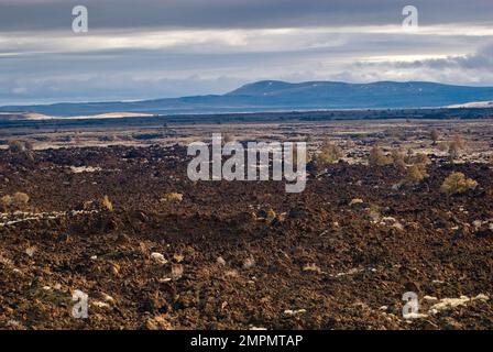 Devils Homestead Flow, Cascade Range in Distance, al Lava Beds National Monument, California, USA Foto Stock