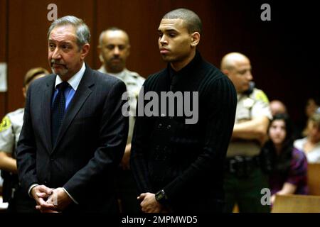 Un subduato Chris Brown si è dichiarato oggi non colpevole di accuse di felicit durante una breve apparizione di corte di assaulting e minacciando di uccidere la fidanzata di popstar Rihanna nel mese di febbraio. Accompagnato da sua madre e quattro guardie del corpo, la cantante di 19 anni arrivò al Clara Shortridge Foltz Criminal Justice Center e fu scortata all'interno circondato da deputati scerriffi. Dopo aver sentito i conti contro di lui "assalto con la forza che potrebbe produrre gravi lesioni fisiche e fare minacce criminali" e dopo aver chiesto il suo appello dal giudice della Corte superiore di Los Angeles Patricia Schnegg, Brown ha dichiarato: "Non colpevole, Foto Stock