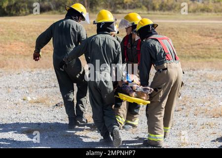 STATI UNITI I vigili del fuoco del corpo marino con recupero e antincendio degli aerei, Marine Wing Support Squadron (MWSS) 273, Marine Air Control Group 28, 2nd Marine Aircraft Wing, estraggono un incidente simulato da un veicolo ribaltato al Guardian Center, 7 novembre 2022. Marines con MWSS-273 ha esercitato la loro competenza con vari strumenti e la loro capacità di estrarre vittime da veicoli danneggiati e ribaltati. Foto Stock