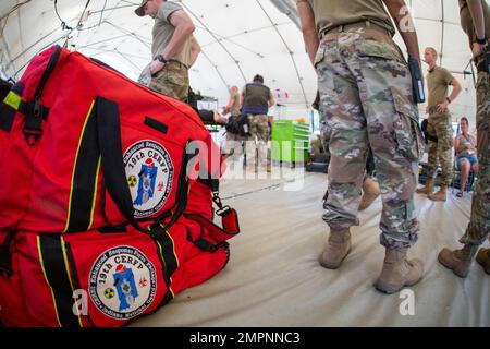 I militari assegnati al 181st Medical Group, Indiana Air National Guard valutano i pazienti ed eseguono procedure di emergenza simulate in una tenda medica durante il 19th Chemical, Biological, Radiological, Nuclear, E esplosivi ad alto rendimento pacchetto di forza di risposta avanzata Valutazione pre-esterna evento di formazione collettiva dell'anno di sostegno al Camp Atterbury Joint manovration Training Center, Ind., 11 agosto 2022. L'elemento medico del CERFP 19th assiste le vittime di incidenti di emergenza e di emergenza per fornire una valutazione critica del tempo, la documentazione e il supporto medico di emergenza sul posto, preparando un Foto Stock