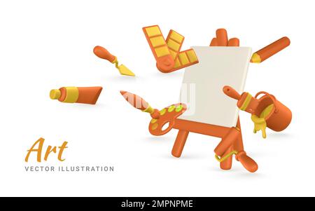 Concetto di arte. 3d strumenti realistici per la pittura. Cavalletto, tubo di vernice, spazzola, rullo, coltello per palette, tavolozza di colori, matita e barattolo di vernice in cartoon st Illustrazione Vettoriale