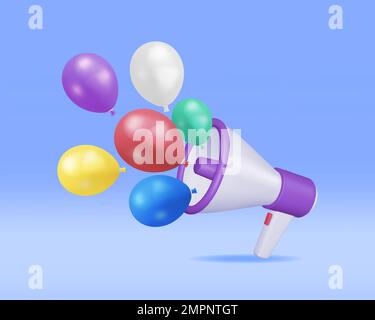 3D Megafone con palloncini colorati. Illustrazione Vettoriale