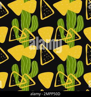 Motivo senza cuciture con nachos e cactus messicani su sfondo nero Illustrazione Vettoriale
