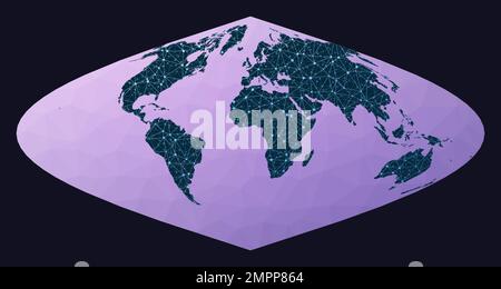 Mappa mondiale con nodi. Proiezione sinusoidale. Mappa della rete mondiale. Globo cablato in proiezione sinusoidale su sfondo geometrico basso in poli. Accattivante vecto Illustrazione Vettoriale