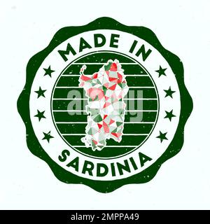 Prodotto in Sardegna. Francobollo rotondo dell'isola. Sigillo di Sardegna con forma di bordo. Badge vintage con testo circolare e stelle. Illustrazione vettoriale. Illustrazione Vettoriale