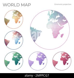 Mappa mondo Poly bassa impostata. Proiezione gnomonica. Collezione di mappe del mondo in stile geometrico. Illustrazione vettoriale. Illustrazione Vettoriale