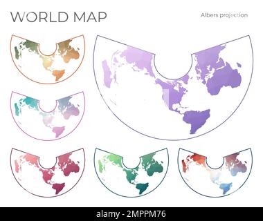 Mappa mondo Poly bassa impostata. Proiezione conica ad area uguale di Albers. Collezione di mappe del mondo in stile geometrico. Illustrazione vettoriale. Illustrazione Vettoriale