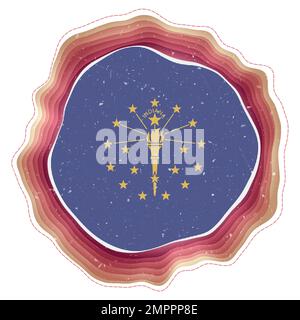 Bandiera Indiana nel telaio. Distintivo dello stato degli Stati Uniti. Insegna circolare stratificata intorno alla bandiera dell'Indiana. Bella illustrazione vettoriale. Illustrazione Vettoriale