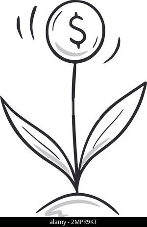 Pianto di soldi. Growth Money pianta disegno a mano schizzo icona stile. Investimento di affari, finanza crescere doodle disegnato concetto. Illustrazione vettoriale. Illustrazione Vettoriale