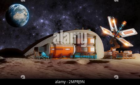 Base lunare, avamposto spaziale. Primo insediamento sulla luna. Missioni spaziali. Moduli viventi per la conquista dello spazio. rendering 3d Foto Stock