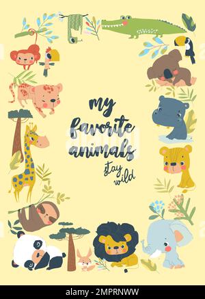Cornice cartoon con animali carini di diversi continenti Illustrazione Vettoriale
