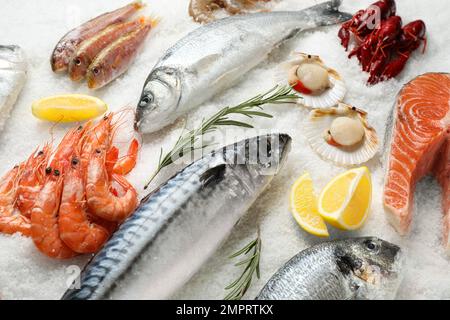 Pesce fresco e frutti di mare diversi su ghiaccio Foto Stock