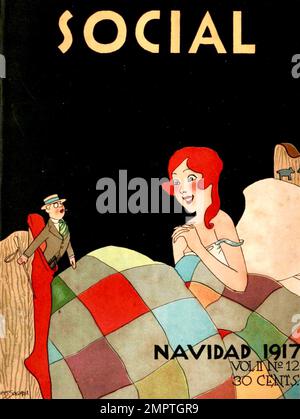 Conrado Walter Massaguer - Cuban Magazine Social Artwork - edizione Dicembre 1917 - Un piccolo uomo appare alla fine del letto di una donna. Foto Stock