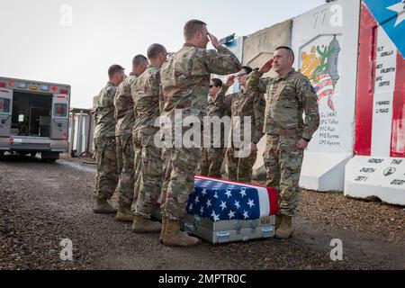 I soldati del 801st Field Hospital, che sono attualmente schierati in Iraq sotto la risolutezza operativa intrinseca, provano il processo di trasferimento dei resti di qualsiasi membro militare delle forze statunitensi o della Coalizione. Foto Stock