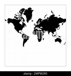 Mappa del mondo con meridiani. Proiezione sferica di Mercatore. Pianifica la mappa geografica del mondo con le linee di graticlue. Illustrazione vettoriale. Illustrazione Vettoriale