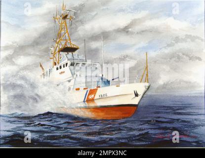 Coast Guard Cutter Manitou accelera verso una nave sospetta. Il Manitou è un battello di 110 piedi Island Class Patrol Boat ed è fatto casa a Miami Beach, Florida. Le missioni principali di Manitou sono le forze dell'ordine, l'interdizione di immigrati stranieri e la ricerca e il salvataggio. US Coast Guard Art Program 2004 Collection, OB ID # 200412, 'Speed run,' Edward Bianchi, acquerello, 11 x 15 Foto Stock