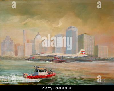 La Guardia Costiera accompagna il "volo finale" della Concorde nel 2008 mentre l'aereo è stato trasportato sul fiume Hudson alla sua nuova casa presso il Intrepid Sea, Air and Space Museum di New York. US Coast Guard Art Program 2004 Collection, OB ID # 200417, 'Chaperone,' Tom Austin, olio, 18 x 24 Foto Stock