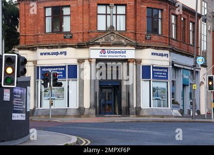 Sede centrale e uffici del Partito Unionista Ulster a est di Belfast. Ulster edificio del partito politico unionista dell'Irlanda del Nord. Foto Stock