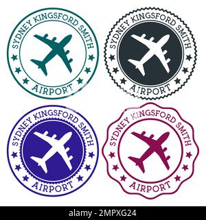 Aeroporto Kingsford Smith di Sydney. Logo dell'aeroporto di Sydney. Timbri piatti nella tavolozza dei colori dei materiali. Illustrazione vettoriale. Illustrazione Vettoriale