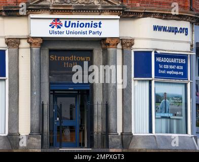 Sede centrale e uffici del Partito Unionista Ulster a est di Belfast. Ulster edificio del partito politico unionista dell'Irlanda del Nord. Foto Stock