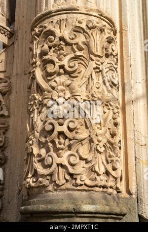 Elaborata scultura in pietra sulla facciata della Chiesa di San Agustin nel centro storico di Oaxaca, Messico. Costruito in stile barocco ed è stato completato Foto Stock