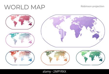 Mappa mondo Poly bassa impostata. Proiezione Robinson. Collezione di mappe del mondo in stile geometrico. Illustrazione vettoriale. Illustrazione Vettoriale