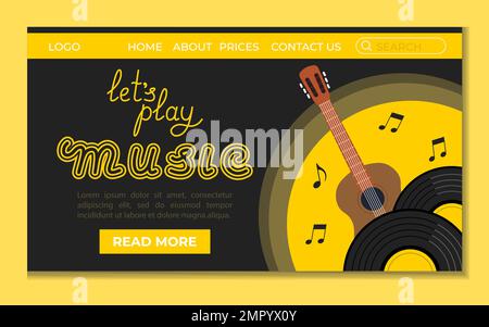 Concept musicale Landing Vinyl Record e chitarra per Web Site Vector Illustration in stile piatto Illustrazione Vettoriale